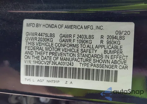 2020 Honda Accord Sport 2.0T из США, поврежденный, VIN 1HGCV2F39LA031243